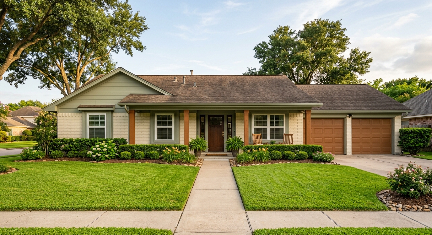Clean suburban home in the Pearland, Texas area — tidy yard and clear driveway